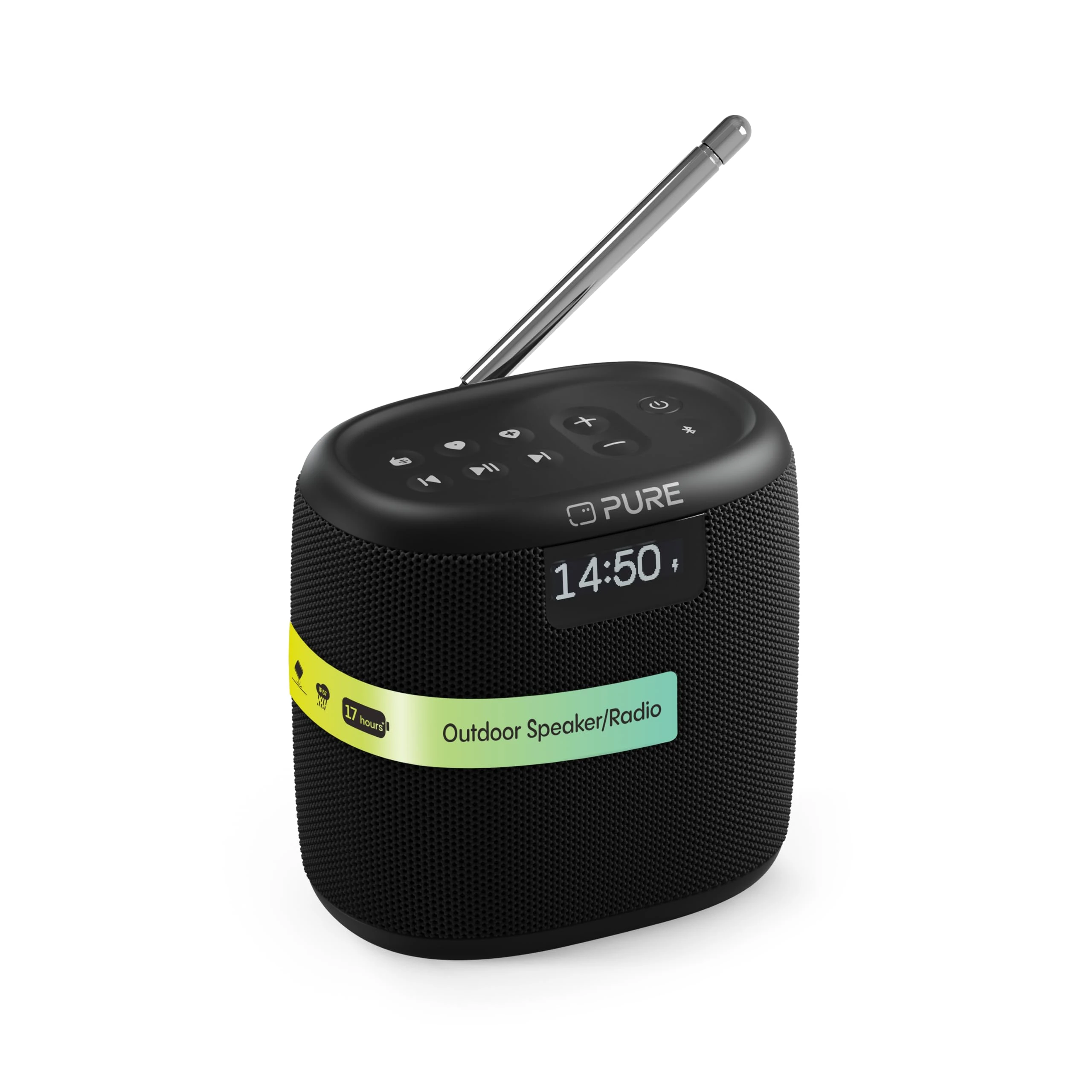 Pure Woodland Mini Outdoor Speaker with Bluetooth & DAB+/FM Radio (waterproof IP67, robust, portable, 17h battery, prerfect for garden & camping) Black