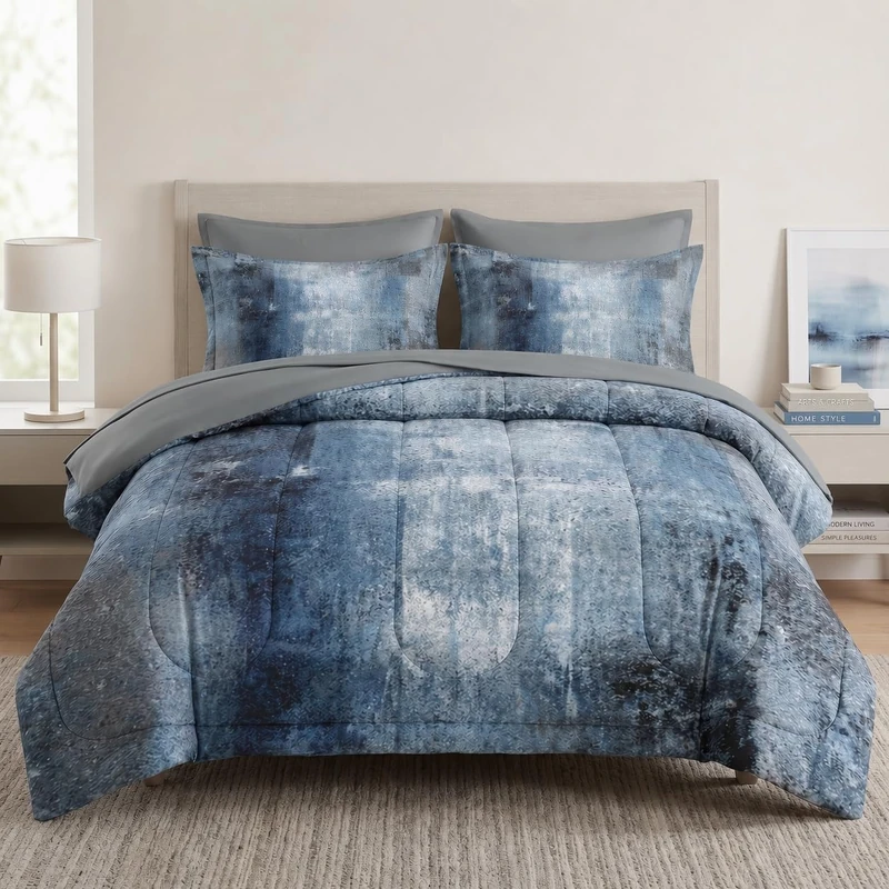 WeCozy 7 Pcs King Size Comforter Set with 2 Pillowcases & 2 Shams, Blue Grey Painting Bedding Set for Kids and Adults, Contemporary Abstract White Bed in a Bag with Flat Sheet and Fitted Sheet