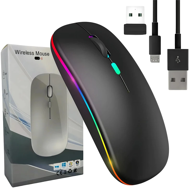 Wireless Bluetooth Mouse, LED Slim Dual Mode (USB 2.4Ghz + Bluetooth 5.1) Rechargeable Silent Bluetooth Wireless Gaming Mouse 800 to 1600 DPI for Laptop PC Tablets (Matte Black)