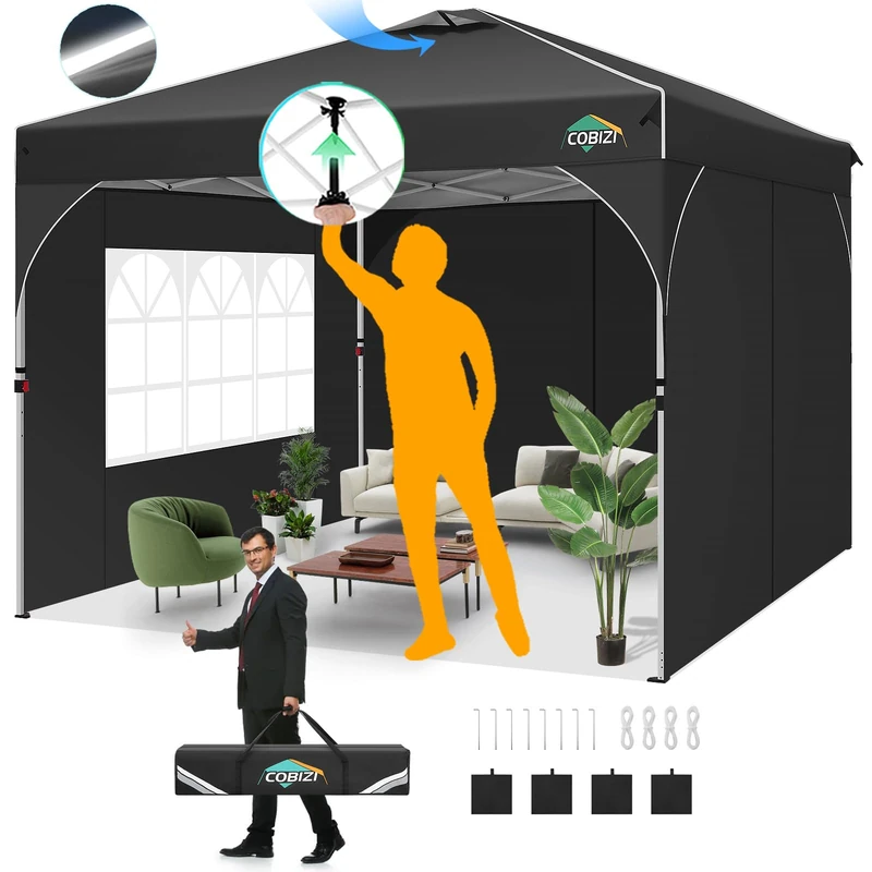 COBIZI 10x10 Pop up, Canopy Tent 10x10 with 3 Sidewalls, 1 Person Easy Set up，Tents for Parties, Outdoor Canopy with Fluorescent Strip & 4 Sandbags, Waterproof, 3 Adjustable Height（Black） - Image 1
