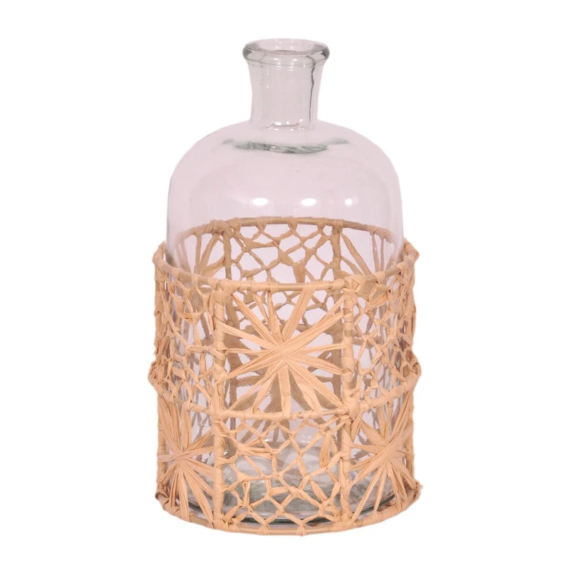 Romimex Bottle Brown Transparent Raffia Glass 14 x 26 x 14 cm