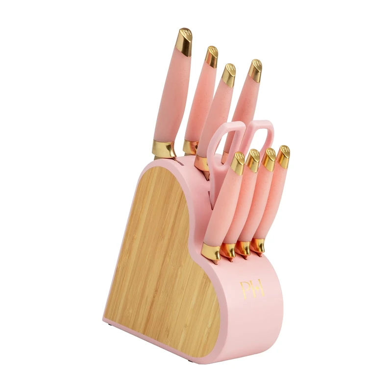 Paris Hilton 10 Piece Knife Set, Stainless Steel, Bamboo Heart Knife Block, Cutting Precision with Glitter Handle, Paring, Steak, Santoku, Utility and Chef's Knife, Kitchen Shears Scissors, Pink