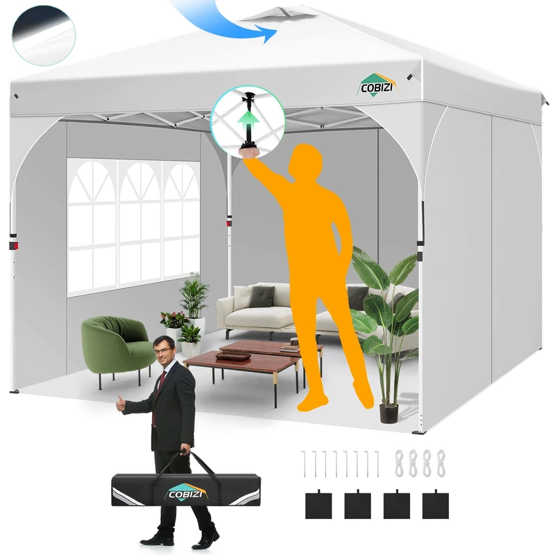 COBIZI 10x10 Pop up, Canopy Tent 10x10 with 3 Sidewalls, 1 Person Easy Set up，Tents for Parties, Outdoor Canopy with Fluorescent Strip & 4 Sandbags, Waterproof, 3 Adjustable Height（White）