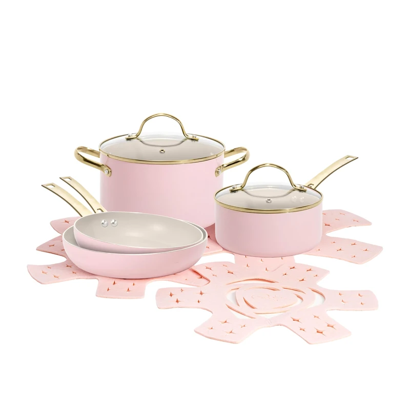 Paris Hilton 10-Piece Cookware Set, Aluminium & Ceramic Non-Stick Coating, Induction Safe, Dishwasher Safe, 2 Frying Pans, 2 Cooking Pots with Glass Lids & Pan Protectors, Pink/Cream/Gold