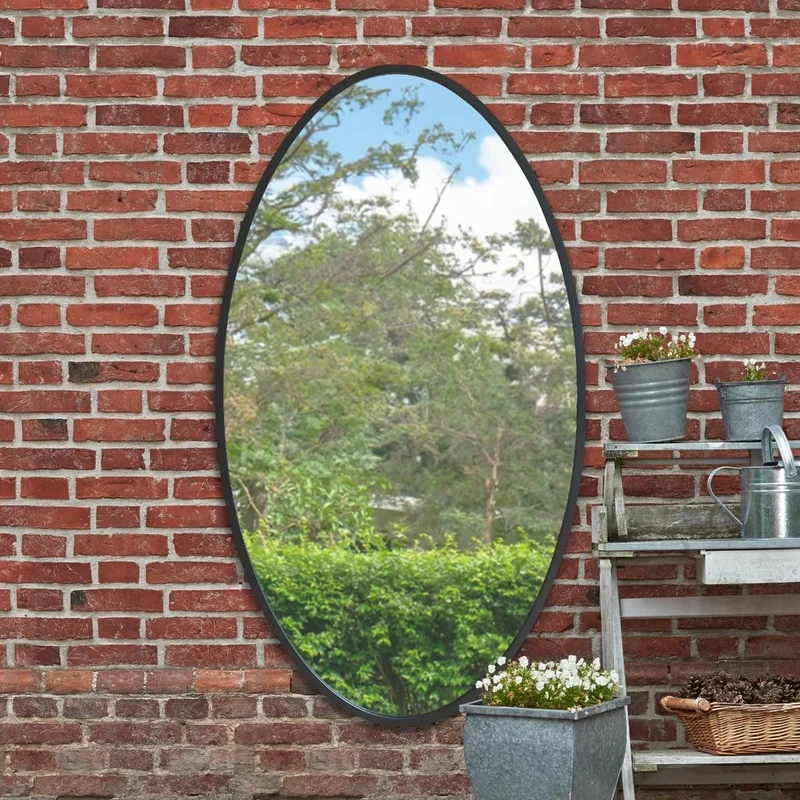MirrorOutlet The Ovale - Large Black Framed Oval Pond Garden Wall Mirror 71" X 39" (180cm X 100cm) Silver Mirror Glass On A Black Backing.