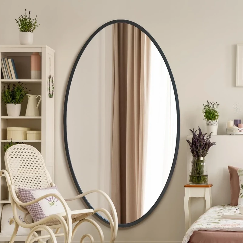 MirrorOutlet The Ovale - Large Black Framed Oval Pond Wall Mirror 71" X 39" (180cm X 100cm) Silver Mirror Glass On A Black Backing.
