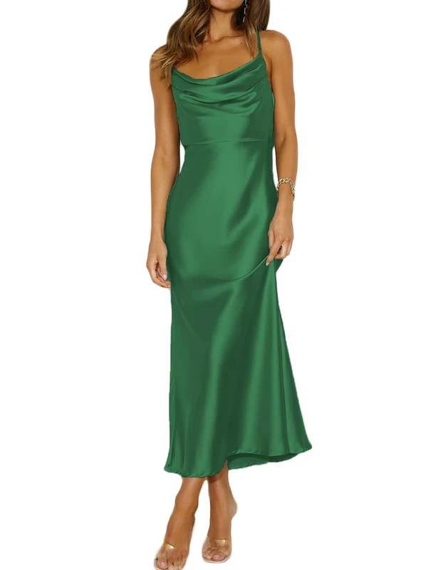 Mogidol Summer Satin Spaghetti Strap Cowl Neck Backless Midi Dresses for Women Elegant Tie Low Back Ruched Cocktail Dress, Green, S - Image 1