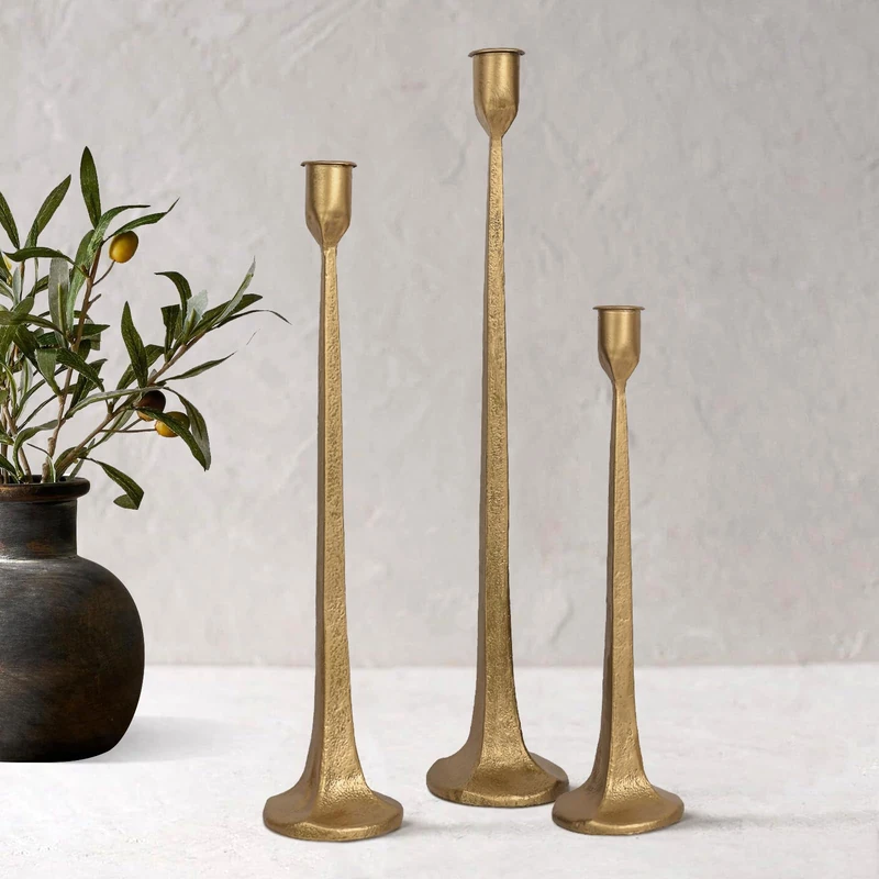 Iron Taper Candle Holder Set of 3 - Decorative Tall Candle Stand, Candlestick Holder for Wedding, Dining Table, Party Decoration (Antique Brass)