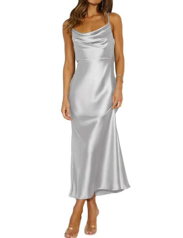 Summer Satin Spaghetti Strap Cowl Neck Backless Midi Dresses for Women Elegant Tie Low Back Ruched Cocktail Dress, Silver, S