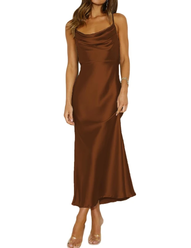 Mogidol Summer Satin Spaghetti Strap Cowl Neck Backless Midi Dresses for Women Elegant Tie Low Back Ruched Cocktail Dress, Brown, XL