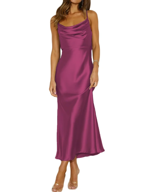 Mogidol Summer Satin Spaghetti Strap Cowl Neck Backless Midi Dresses for Women Elegant Tie Low Back Ruched Cocktail Dress, Fuchsia, M