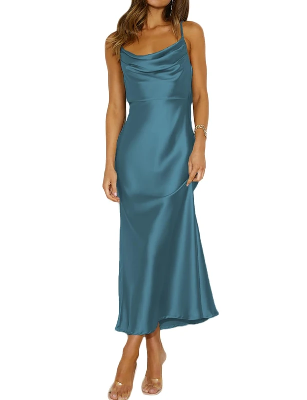 Summer Satin Spaghetti Strap Cowl Neck Backless Midi Dresses for Women Elegant Tie Low Back Ruched Cocktail Dress, Darkblue, M - Image 1