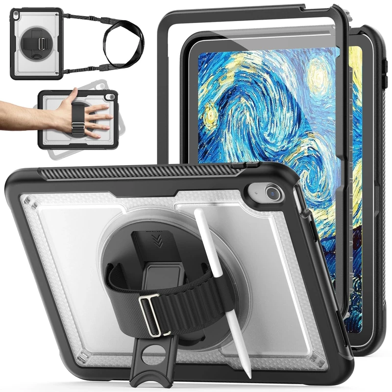 Case for iPad (A16) 11th/10th Generation 11/10.9 Inch 2025/2022, Sturdy Heavy Duty Full-Body Shockproof Protective Case with Screen Protector, Hand/Shoulder Strap, Rotate Stand, Transparent
