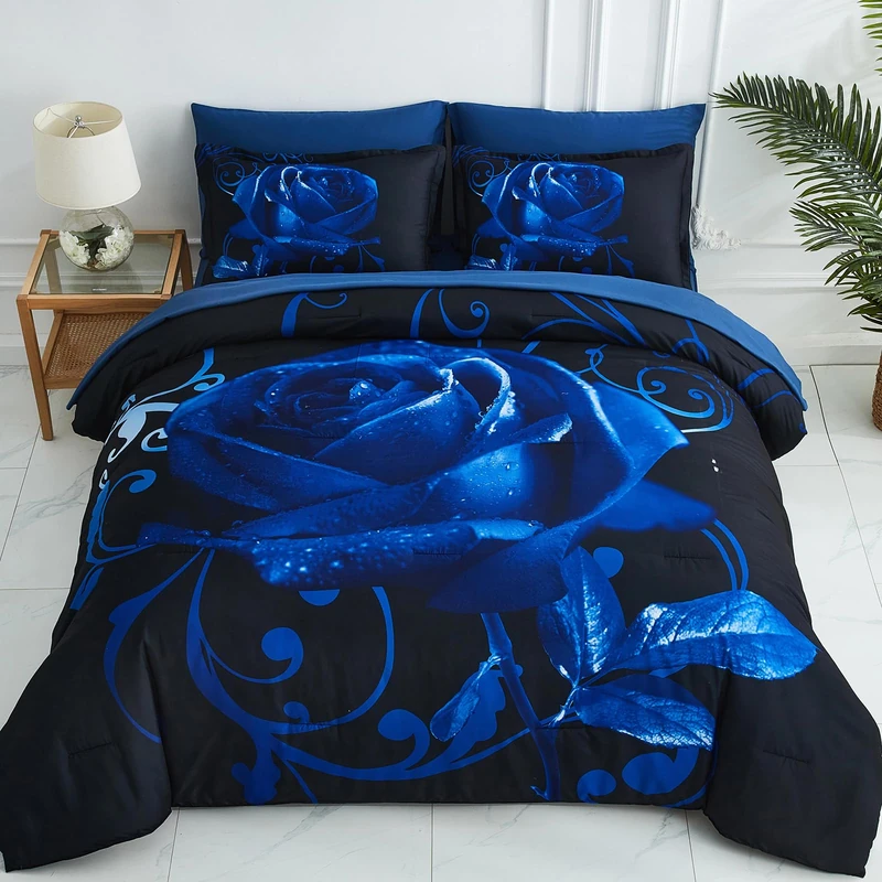 Xruibed Rose Comforter Set 7PCs Bed in a Bag California King Blue