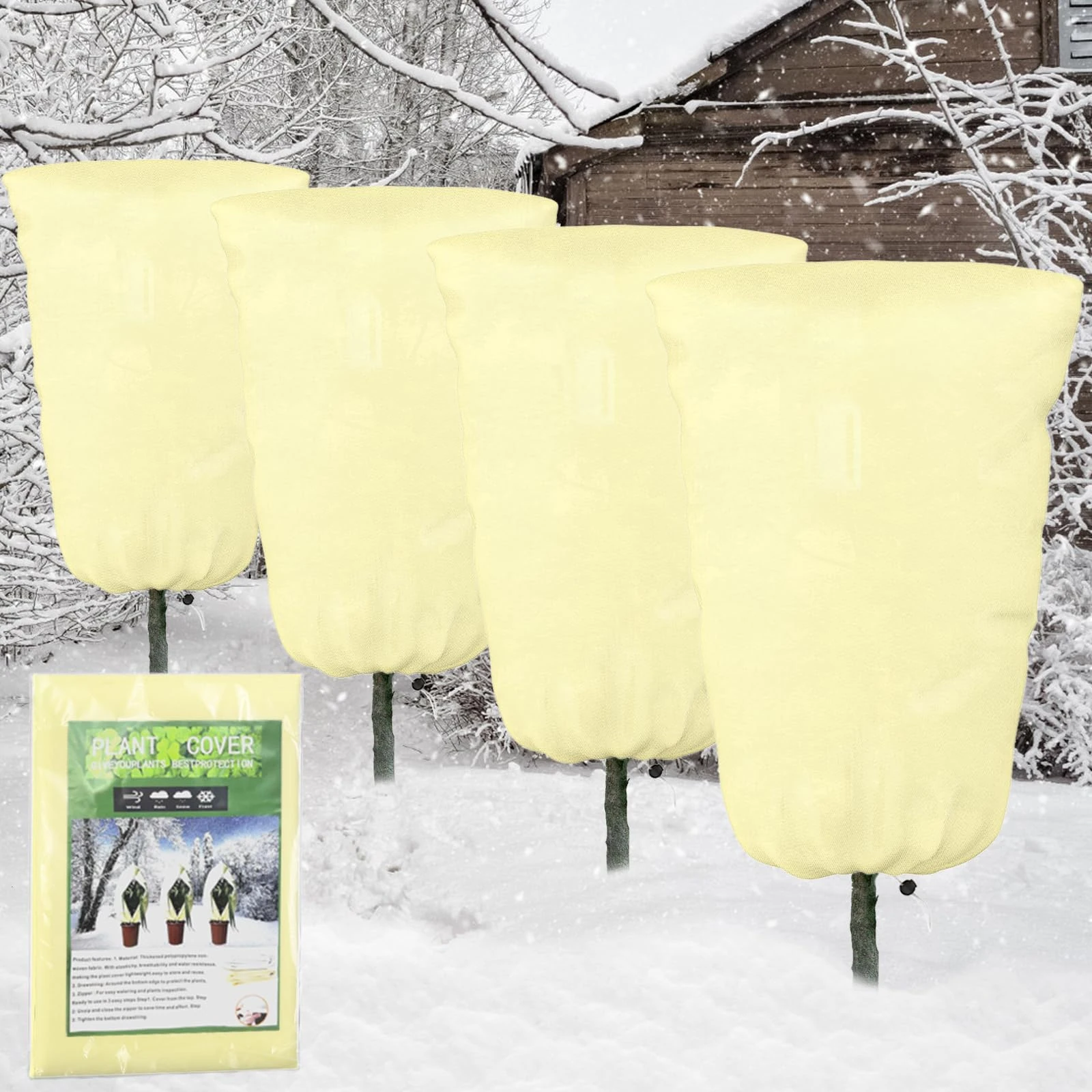 Hanotic 4 Packs Garden Plant Fleece Frost Protection, 80 * 100 cm Frost Blankets Plant Covers for Winter with Drawstring, Cloches for Plants Outdoor Potted Fruit Trees(No Zipper)