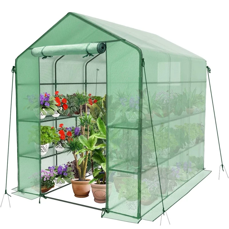 VOUNOT® Walk In Greenhouse with Shelves, Portable Plastic Green House for Garden & Outside, Large Growhouse, Green 143x215x195cm