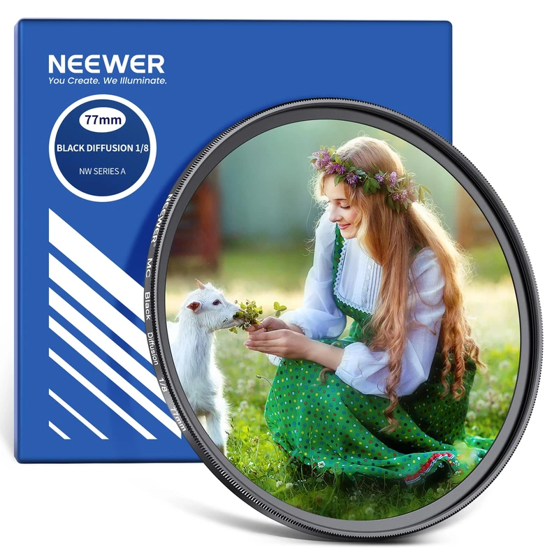 NEEWER 77mm Black Diffusion 1/8 Filter for Mist Cinematic Effect, Ultra Slim Optical Glass Filter with Multi Nano Coatings for Video Vlog Portrait Photography