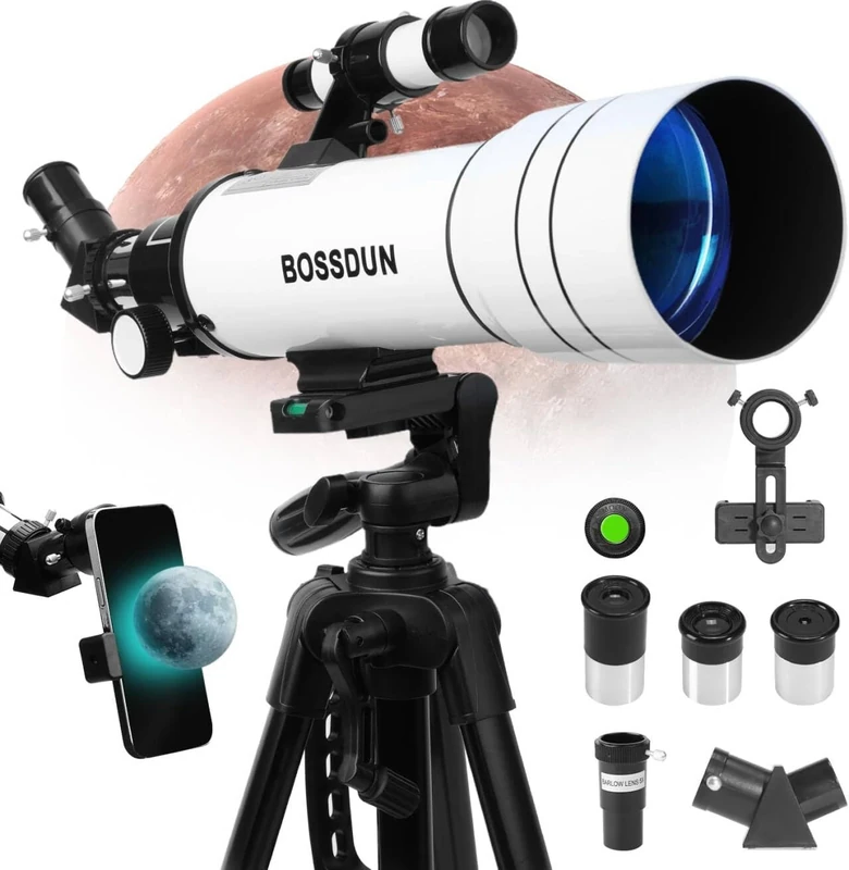 Telescopes for Adults Astronomy, 70 mm Opening 400 mm Refractor Telescope for Children, FMC Coated, High Transmission with Smartphone Adapter, Tripod, Astronomical Telescope for Beginners, White