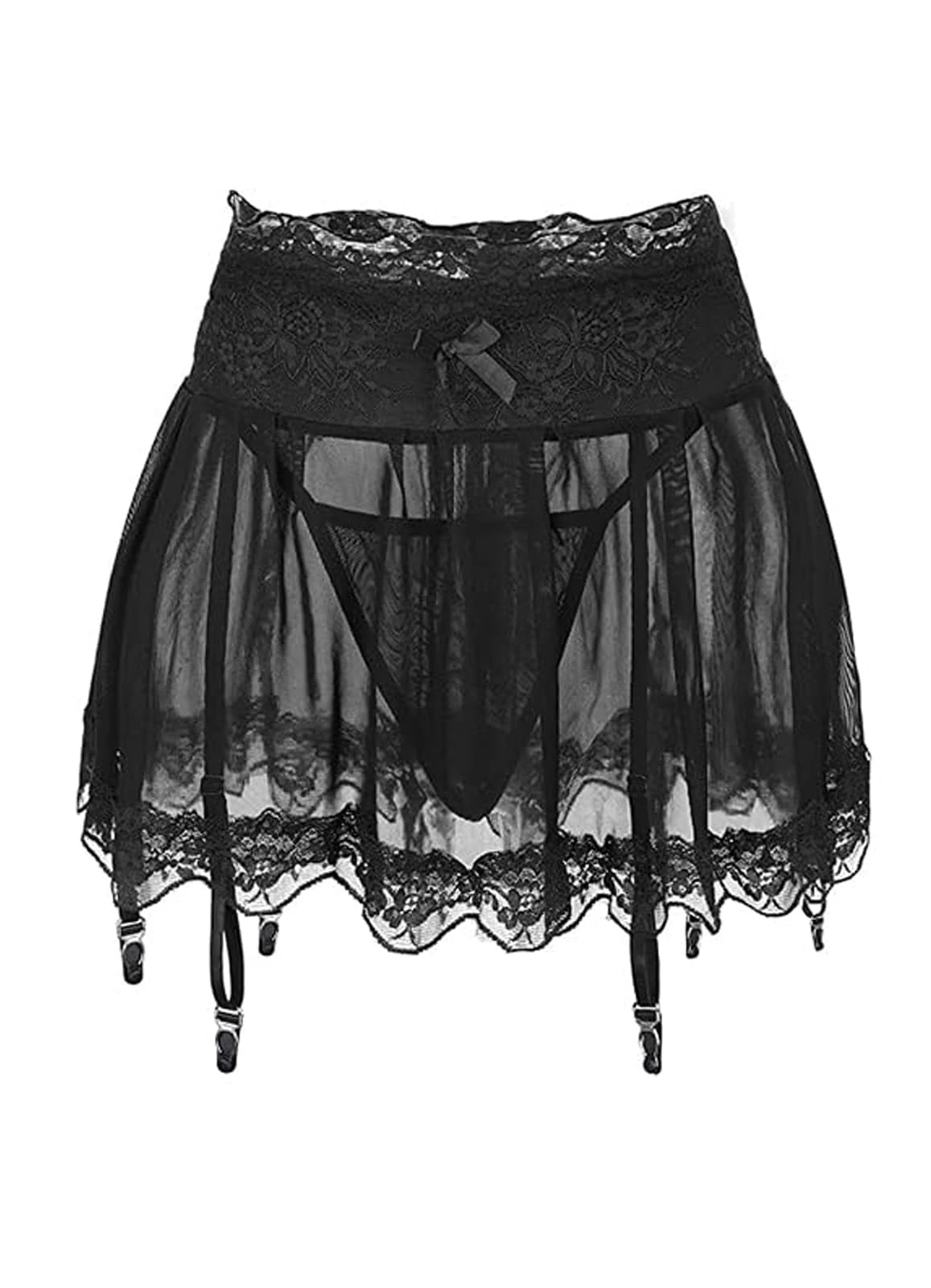 MIZSPISE Women Sexy Suspender Mini Skirt with Panties Sheer Mesh Lace-up Mini Dress Lingerie Underwear Garter Belt (black, one size)