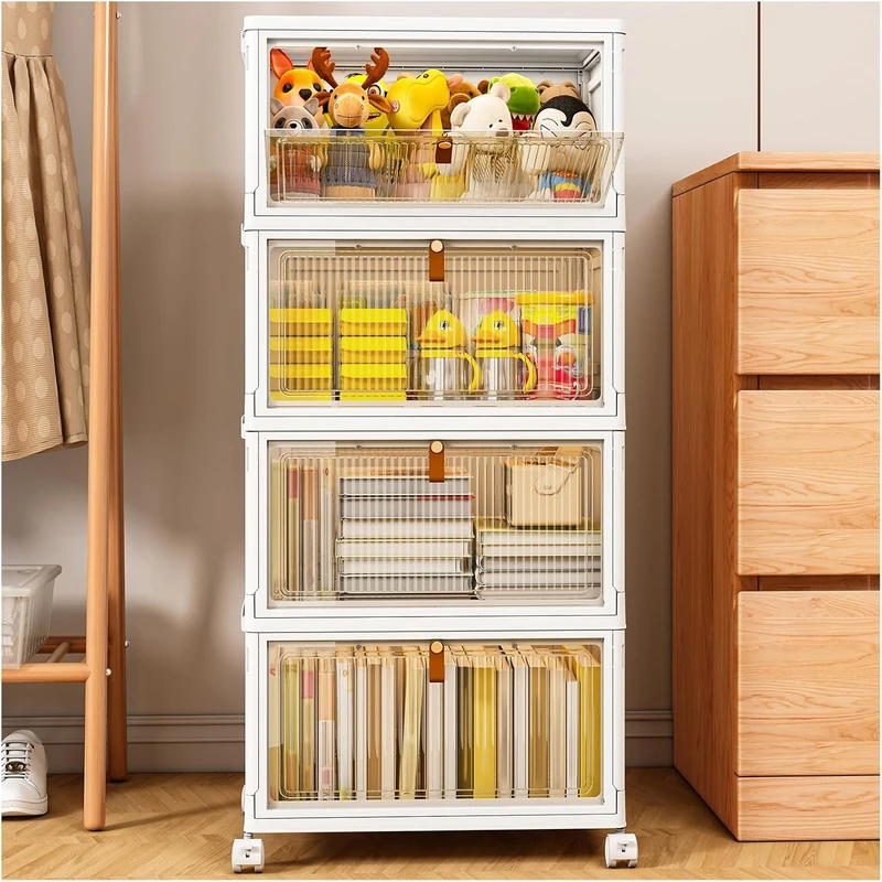 TidyTrove Storage Boxes with Lid, 4-Tier Plastic Stackable Storage Boxes with 1 Lid 28L/Tier, Folding Storage Bins with Wheels, Storage Organizer for Bedroom Living Room Study Office