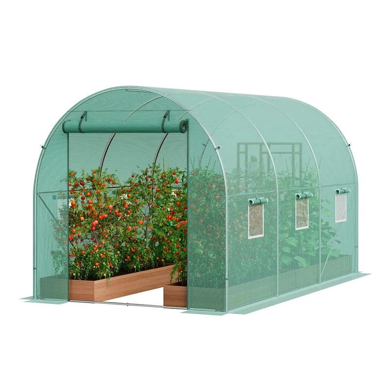 VEVOR Walk-in Tunnel Greenhouse, 11.3x6.4x6.3 ft Hoop House Greenhouse Tunnel, Plant Hot House with Galvanized Steel Frame, Green PE Cover, Roll-up Zipper Door and 6 Windows for Outdoor