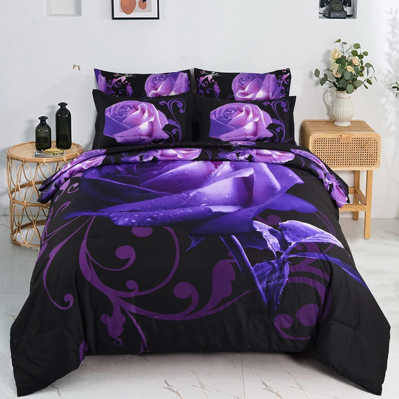 Xruibed Rose Comforter Set 7PCs Bed in a Bag Full Purple