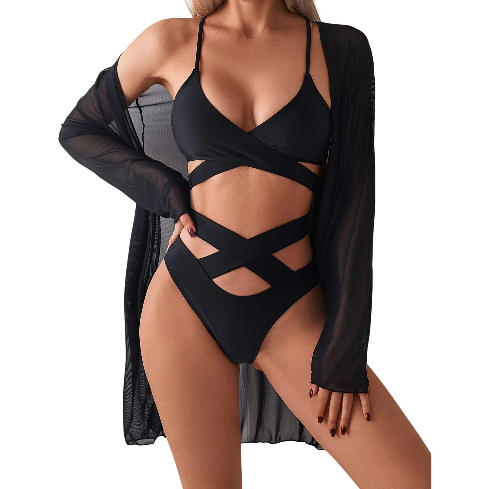 Xumplo Womens Swimming Costume 3 Piece Bikini Set with Cover Up Swimsuit Ladies Tops+High Waist Shorts+Long Sleeve Cardigan Bathing Suit Black-L