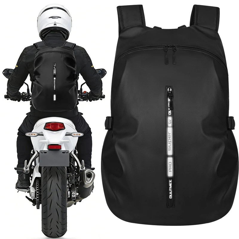 OUUTMEE Motorcycle Backpack, Waterproof Helmet Backpacks for Men Storage Motorcycle Bag with Reflective Stripe, Black, Street