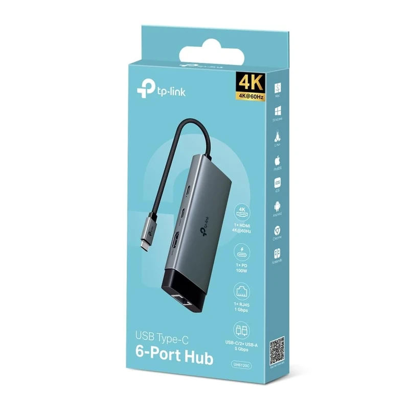 TP-Link UH6120C USB C Hub PD100W, 4K 60Hz HDMI, 1× USB C 5Gbps, 2× USB A 5Gbps, Gigabit Ethernet, Compatible with MacOS, Windows, Linux, iPad OS, iOS, Android, ChromeOS, Nintendo