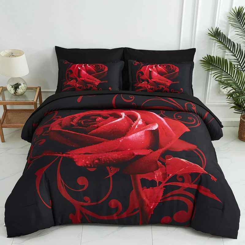 Xruibed Rose Comforter Set 7PCs Bed in a Bag Full Red
