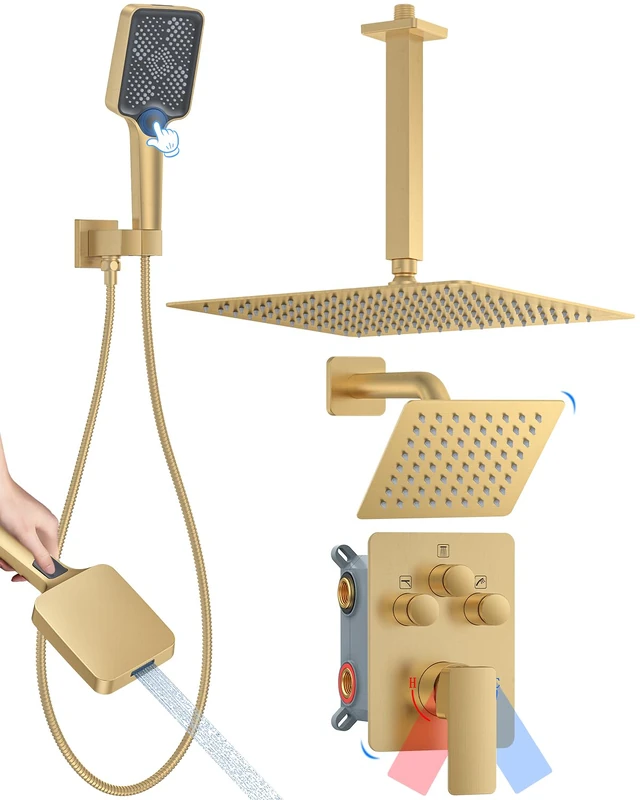 Shower System with Pressure Balance Valve, 12" Ceiling Mount Shower Faucet Set with 2 Rain Shower Head and Multi-Function Handheld Head Push Button Diverter Pressure Balancing Valve Kit, Brushed Gold