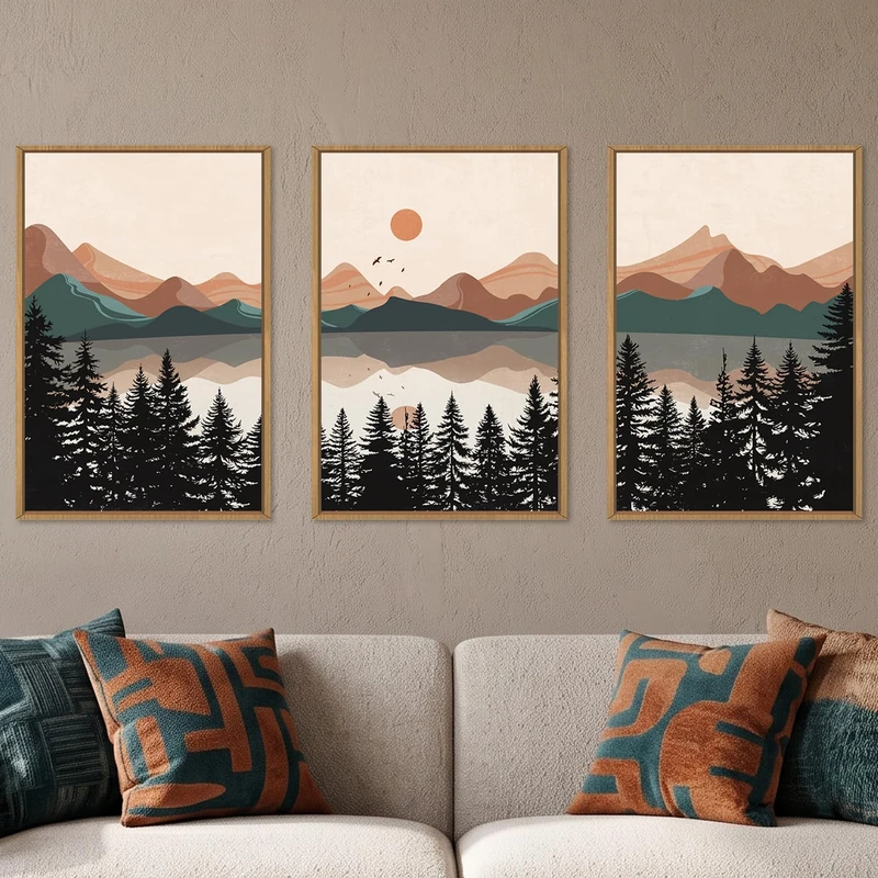 KAIRNE Vintage Mountain Lake Framed Canvas Wall Art Set, Mid Century Forest Wall Decor, Nature Pine Tree Art Prints, Modern Boho Sunset Artwork for Living Room,Bedroom,Farmhouse,Office-24 x36 x3