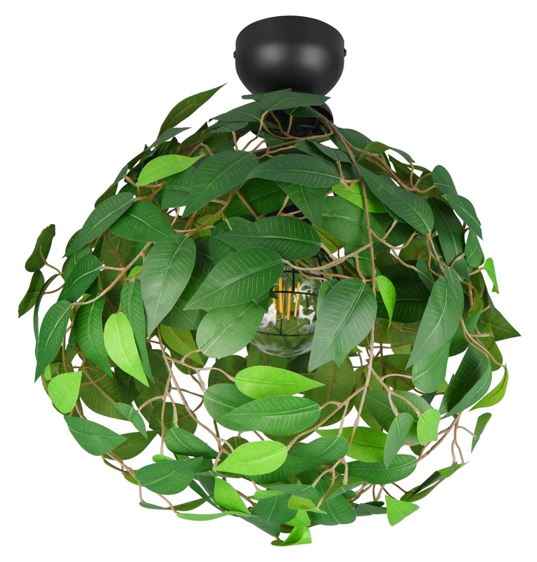 Reality Leuchten LEAVY R60461015 Ceiling Light, Matt Black Metal, Green Plastic Leaves, excl. 1x E27