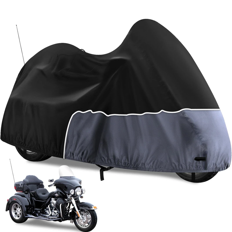 Trike Cover, Waterproof Internal Composite Cotton 3 Wheel Motorcycle Cover for Harley Davidson, Honda Goldwing, Kawasaki Trike Accessories, with Windproof Buckle, Reflective Strap, Black&Grey