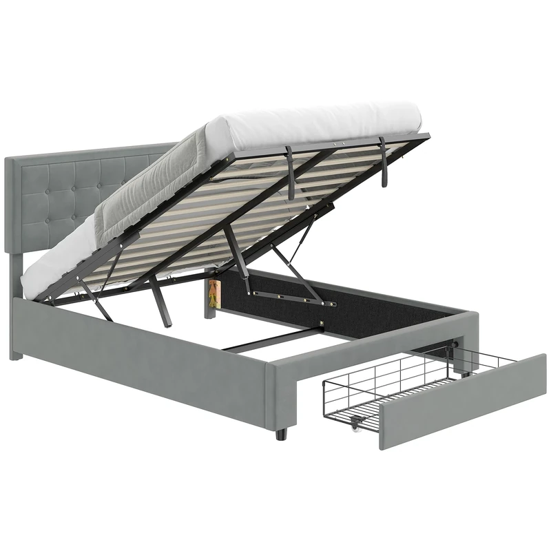 HOMCOM Upholstered Ottoman Bed with Storage Drawer and Adjustable Headboard, 4ft6 Double Size Bed Frame with Gas Lift End Opening, Wooden Slats, No Mattress, Grey