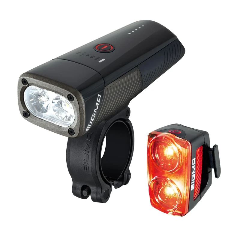 SIGMA BUSTER 1600 / RL 150 set : LED front and rear lights : 1600 lumens and 150 lumens : Battery-powered bicycle lights front and rear with six lighting modes, black/red