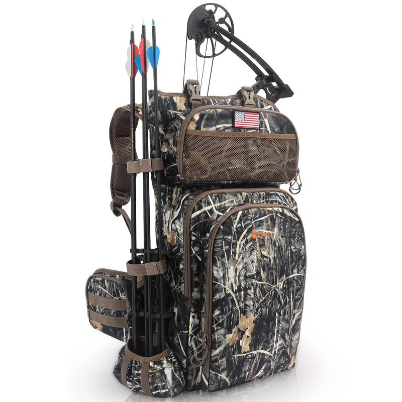 FunVZU Hunting Backpacks for Men, Saddle Hunting Bag with Bow Holder, Large Compound Bow Hunting Backpack & Duffle Bags, Deer Hunting Backpack with Rifle Holder (Marsh Reed)