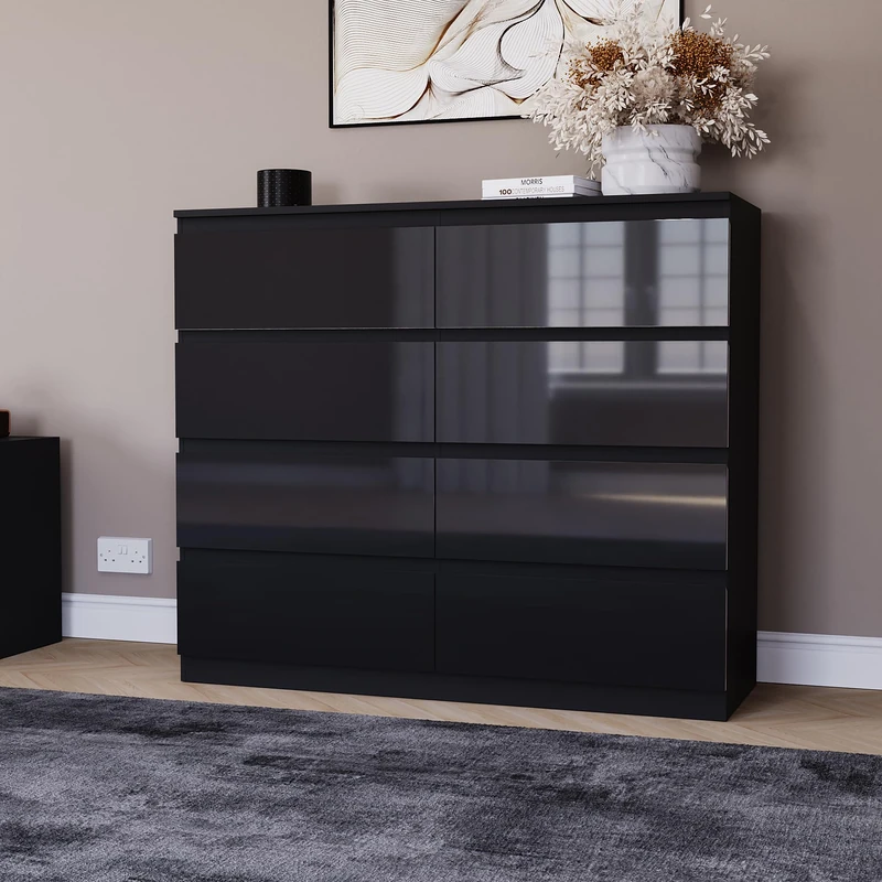 Vida Designs Glinton High Gloss Chest of Drawer, 100% FSC Certified Chest of Drawers for Clothes - Closet Organizers and Storage Cabinet for Hallway, Entryway (Black, 8 Drawer)