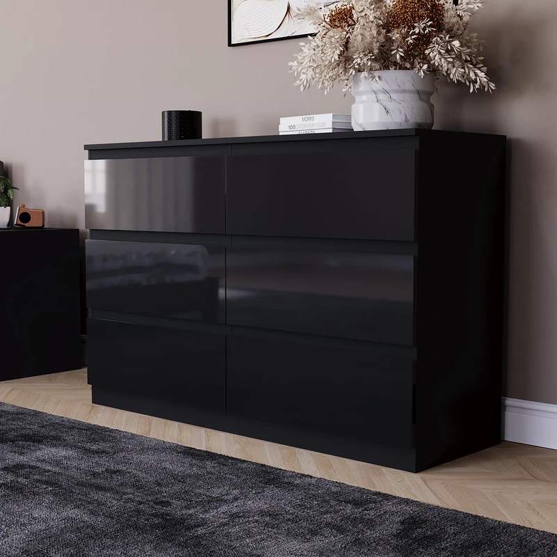 Vida Designs Glinton High Gloss Chest of Drawer, 100% FSC Certified Chest of Drawers for Clothes - Closet Organizers and Storage Cabinet for Hallway, Entryway (Black, 6 Drawer)