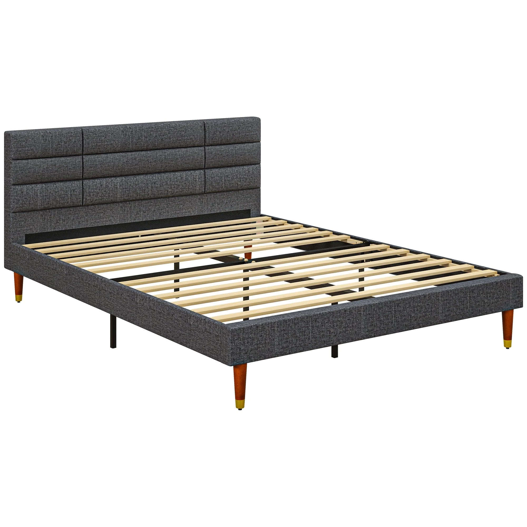 HOMCOM 5ft King Bed Frame with Underbed Storage, Upholstered Platform Bed Frame with Tufted Headboard and Wood Slat Support, No Box Spring Needed, Easy Assembly, Grey