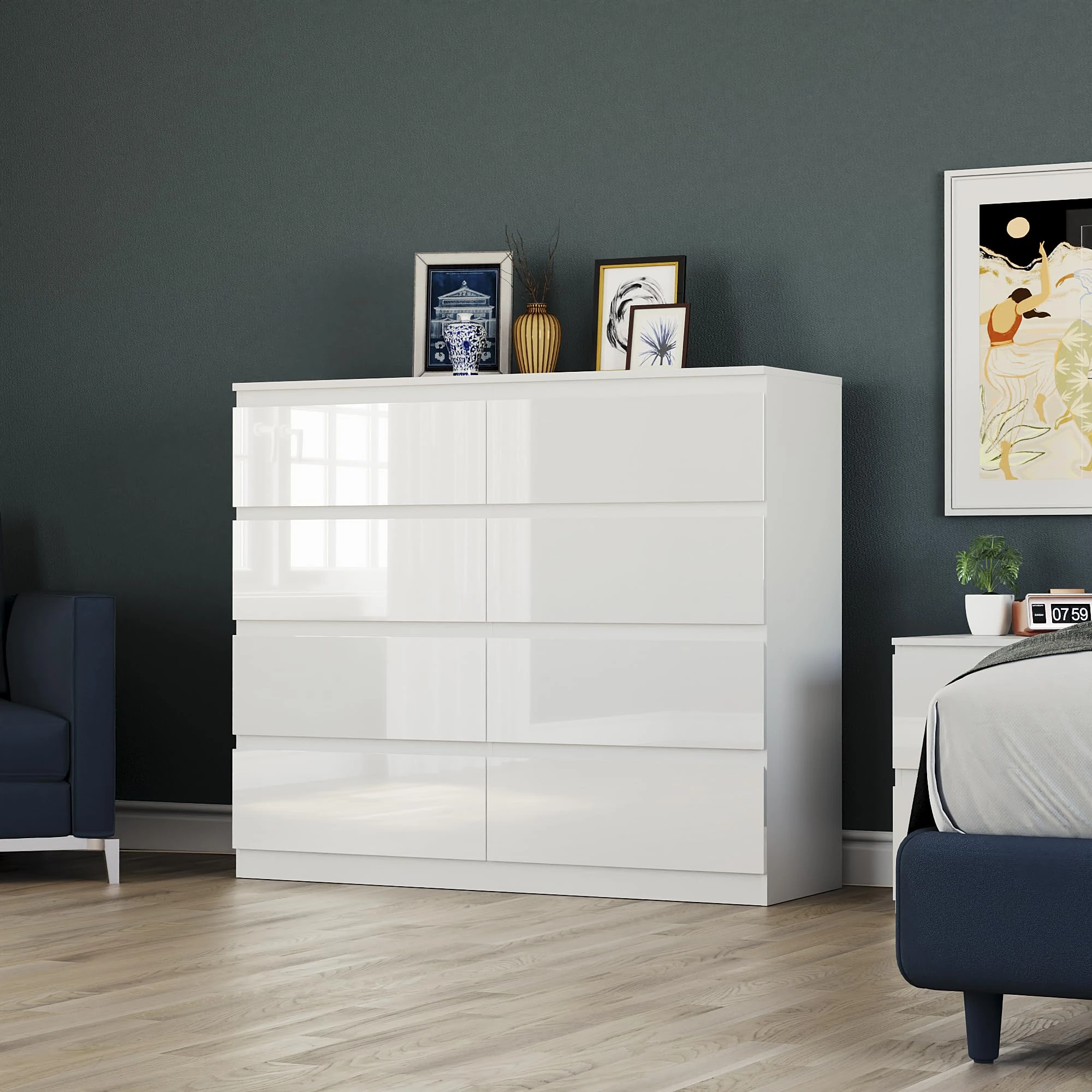 Vida Designs Glinton High Gloss Chest of Drawer, 100% FSC Certified Chest of Drawers for Clothes - Closet Organizers and Storage Cabinet for Hallway, Entryway (White, 8 Drawer)