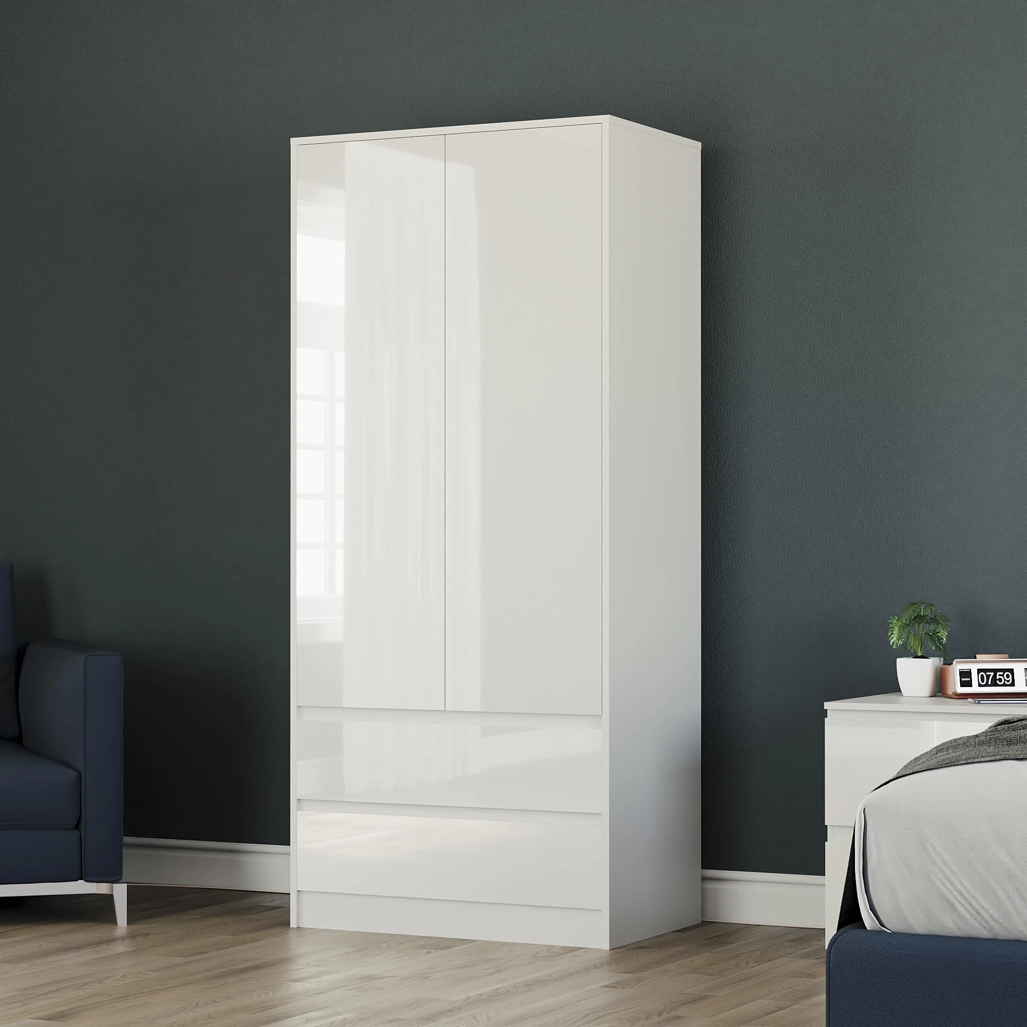 Vida Designs Glinton High Gloss 2 Door 2 Drawer Wardrobe Bedroom Storage Organiser with Hanging Rail Modern Furniture 100% FSC Certified (White, 2 Door 2 Drawer)