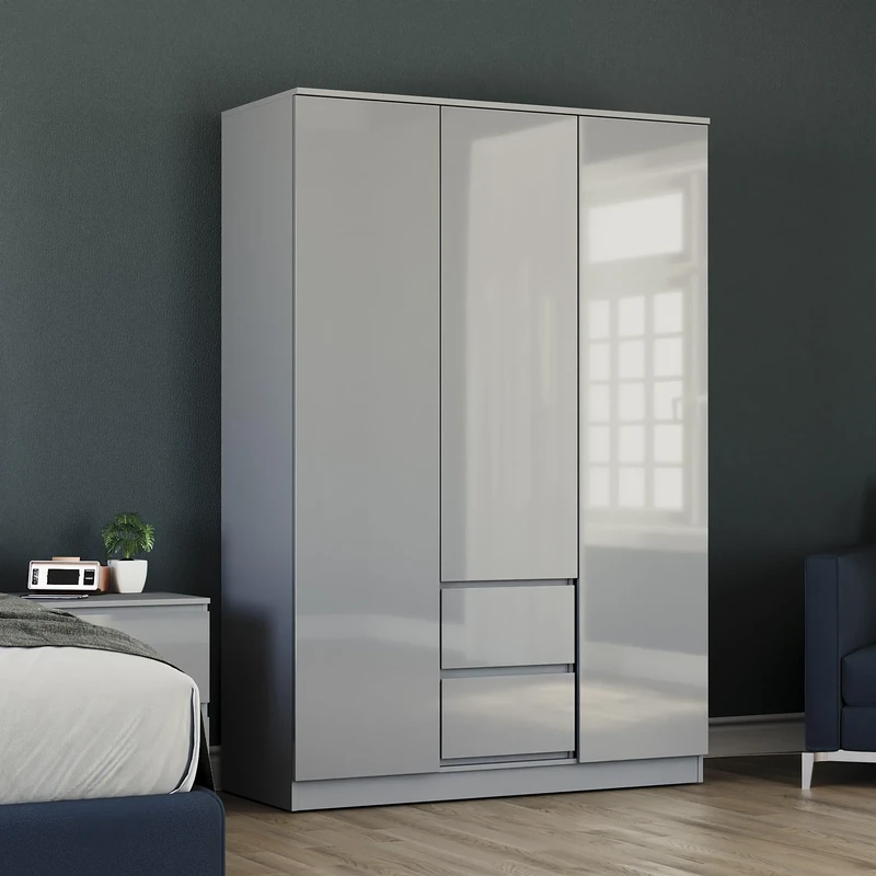 Vida Designs Glinton High Gloss 3 Door 2 Drawer Wardrobe Bedroom Storage Organiser with Hanging Rail Modern Furniture 100% FSC Certified (Grey, 3 Door 2 Drawer)