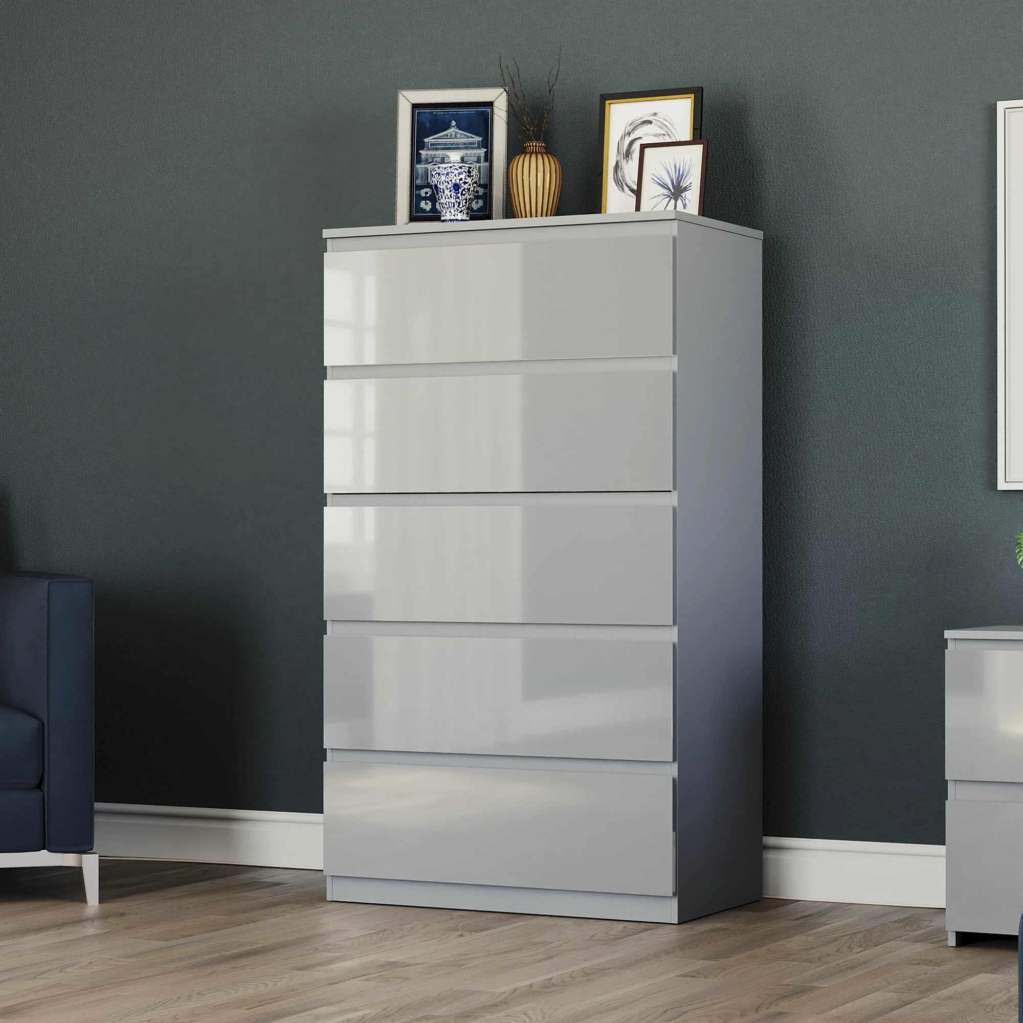 Vida Designs Glinton High Gloss Chest of Drawer, 100% FSC Certified Chest of Drawers for Clothes - Closet Organizers and Storage Cabinet for Hallway, Entryway (Grey, 5 Drawer)