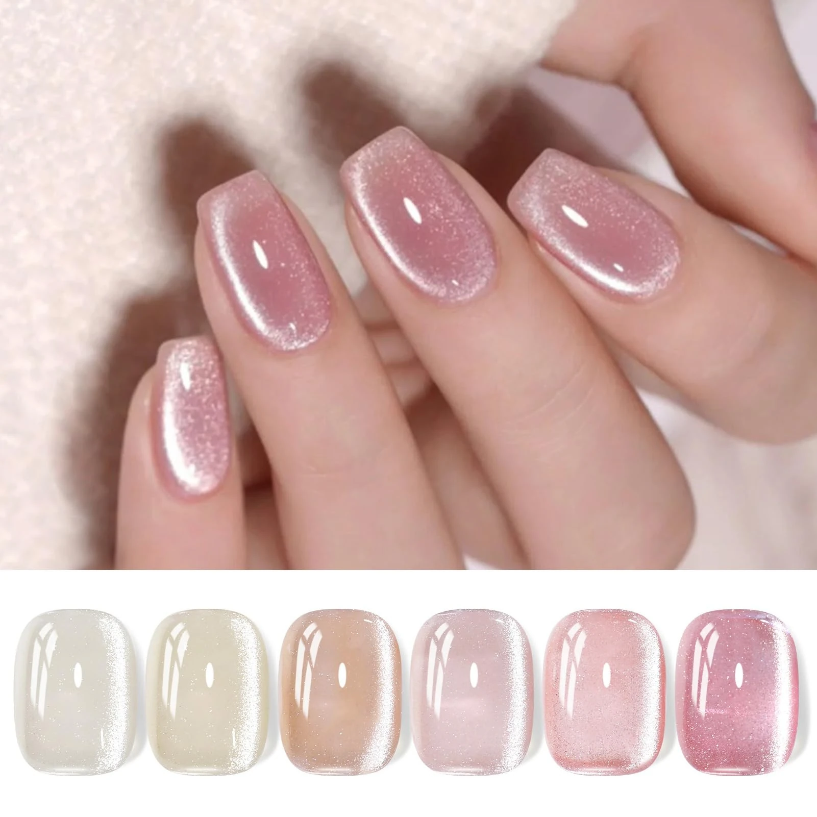 BORN PRETTY 6 Colors Jelly Nude Pink Cat Magnetic Eye Gel Polish Set with Magnet, Soak-Off U V/LED Iridescent Cat Gel for Nail Art Salon DIY Home