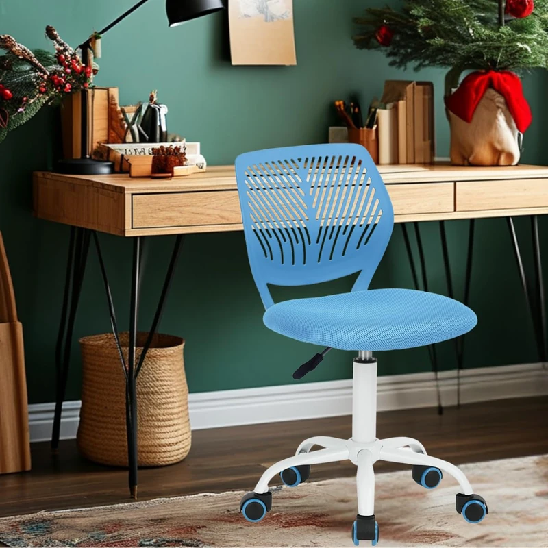 FurnitureR Teens Girls Task Chair 360 Swivel Low Mid PP Mesh Back Fabric Seat Height Adjustable Rolling Castor,FABRIC BLUE - Image 1