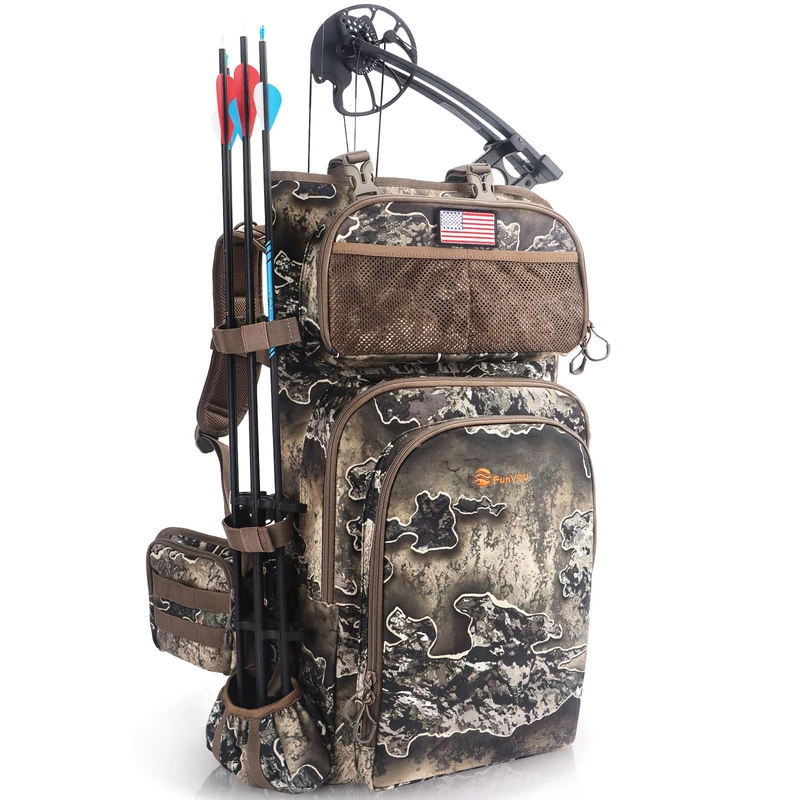 FunVZU Hunting Backpacks for Men, Saddle Hunting Bag with Bow Holder, Large Compound Bow Hunting Backpack and Duffel Bags, Forest Rock Camo, L, Large Capacity