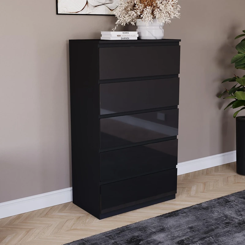 Vida Designs Glinton High Gloss Chest of Drawer, 100% FSC Certified Chest of Drawers for Clothes - Closet Organizers and Storage Cabinet for Hallway, Entryway (Black, 5 Drawer)