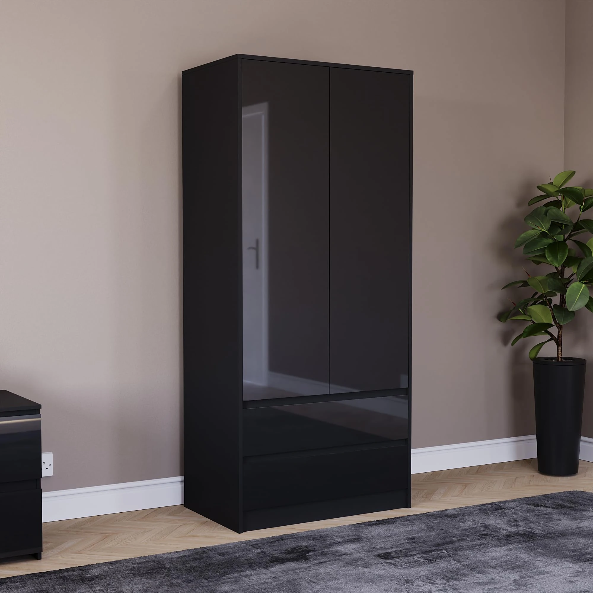 Vida Designs Glinton High Gloss 2 Door 2 Drawer Wardrobe Bedroom Storage Organiser with Hanging Rail Modern Furniture 100% FSC Certified (Black, 2 Door 2 Drawer)