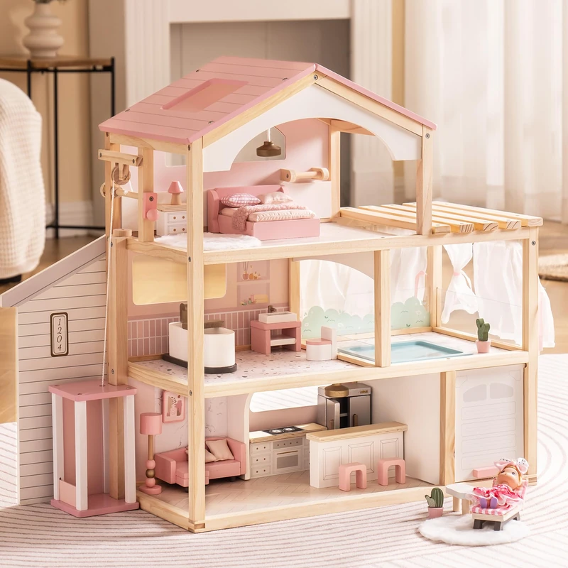 ROBUD Wooden Doll's House with Furniture, with Lift, Garage, Gazebo and Swimming Pool, Gift for Children from 3, 4, 5, 6 Years and Older, Pink